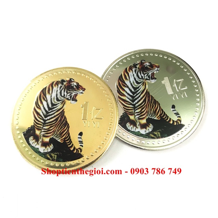 Cặp xu hình Con Cọp Vàng Bạc 1 Yi Trung Quốc in màu - SP005329 